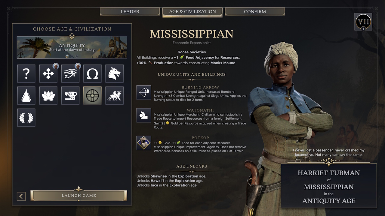 Screenshot of Civilization VII (2025) showing the civ selection screen with a leader already chosen.
