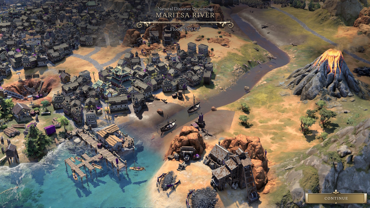 Screenshot of Civilization VII (2025) showing a river flooding.