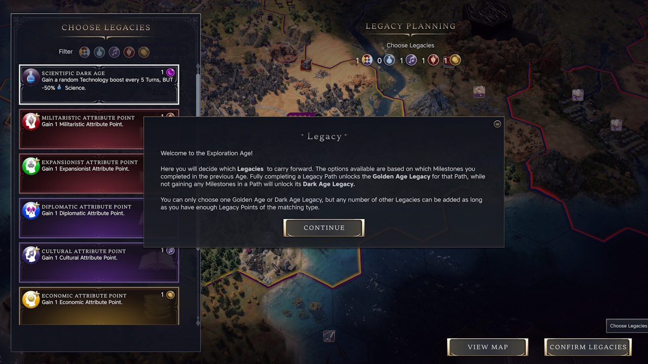 Screenshot of Civilization VII (2025) showing the beginning of the Age of Exploration screen.