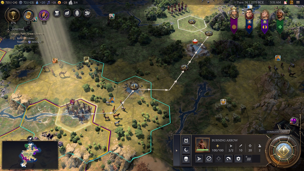 Screenshot of Civilization VII (2025) showing a route being planned out by the game for a unit.