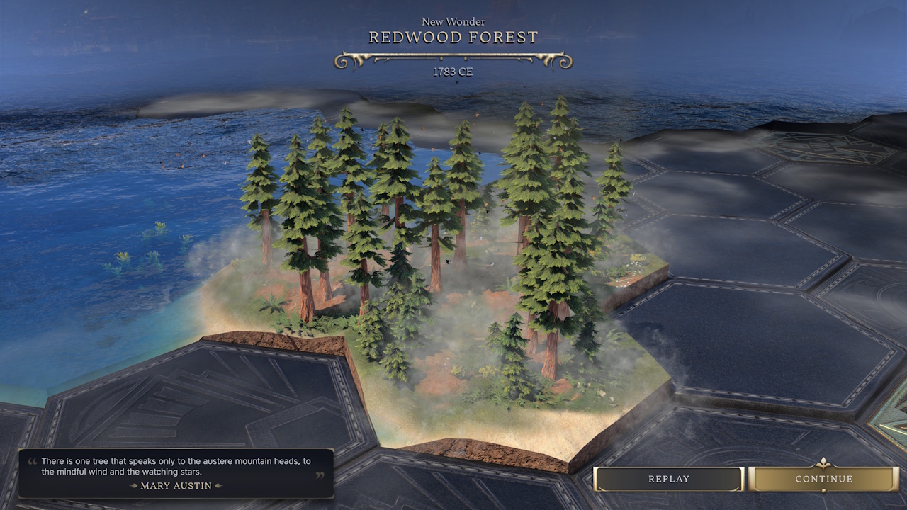 Screenshot of Civilization VII (2025) showing the Redwood Forest natural wonder.