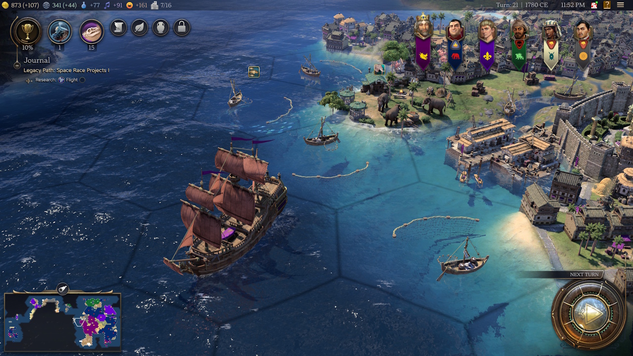 Screenshot of Civilization VII (2025) showing a city, some elephants, and a large ship.