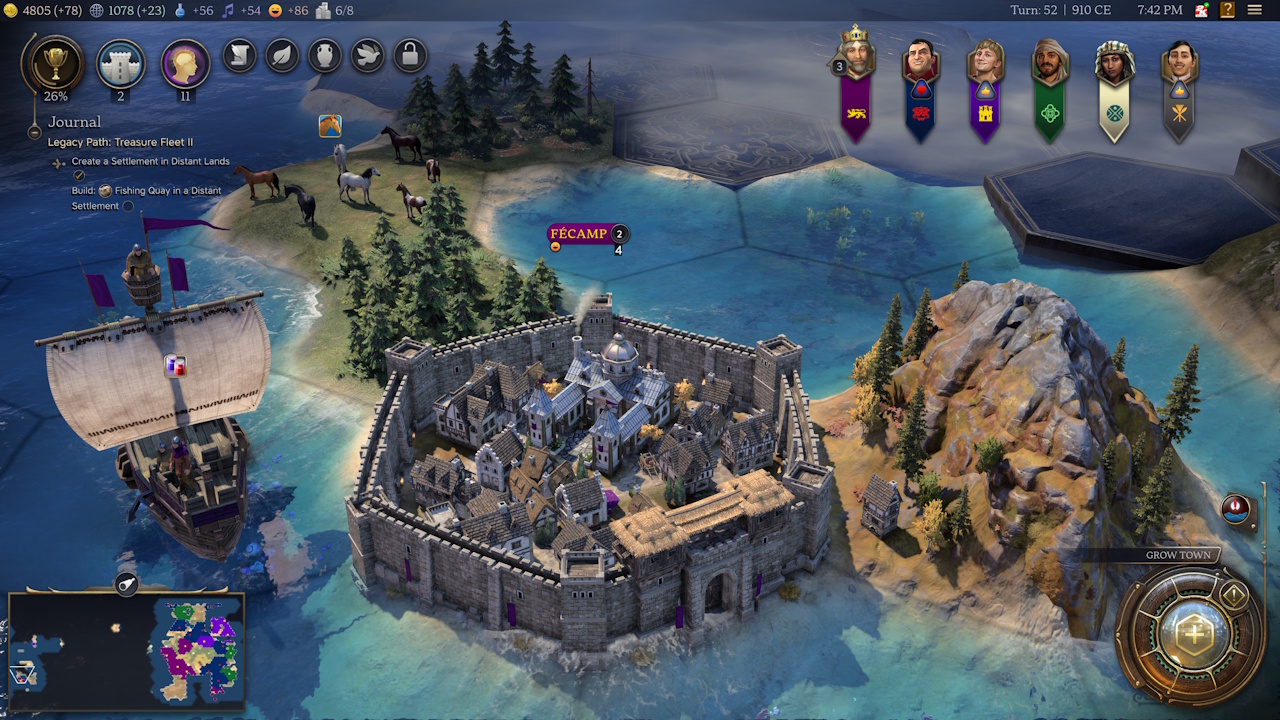 Screenshot of Civilization VII (2025) showing a walled town and a ship.