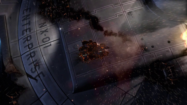 Still frame from Star Trek: Enterprise Season 3 showing the NX-01 Enterprise heavily damaged.