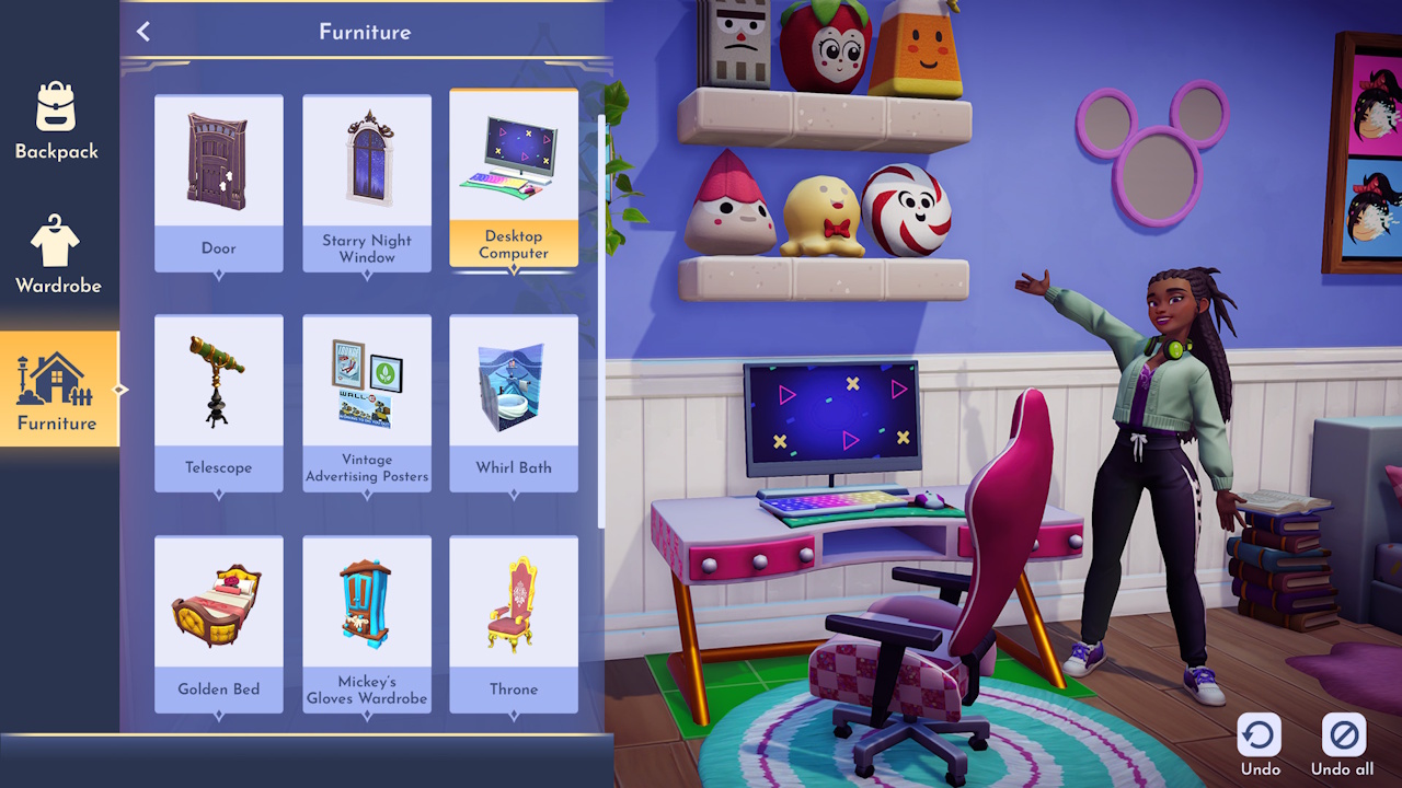 Promo screenshot of Disney Dreamlight Valley showing the furniture placement screen and a custom character.