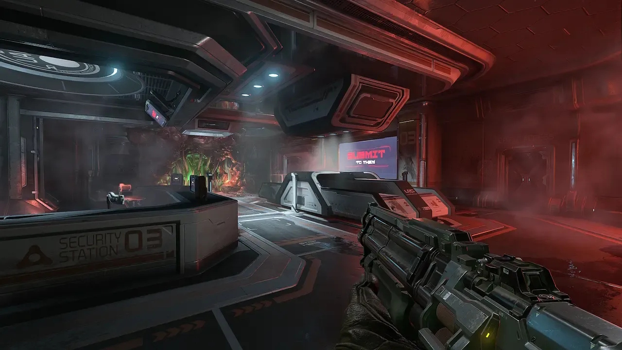 Promo screenshot of Doom Eternal showing a first-person viewpoint.