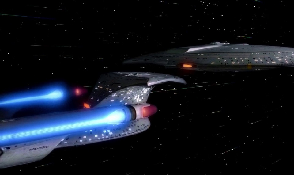 Still frame from Star Trek: The Next Generation Season 1 showing the Enterprise-D initiating a saucer separation.