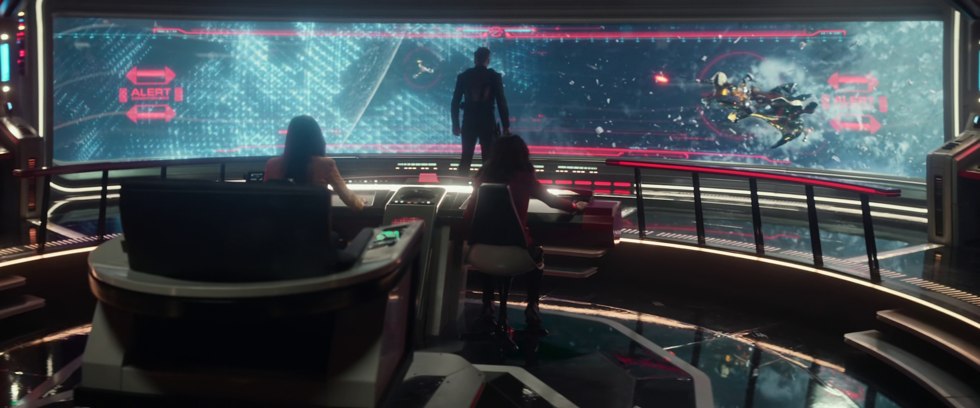 Still frame from Star Trek: Strange New Worlds Season 2 Episode 10 (2023) showing the bridge of the Enterprise with Pike standing close to the viewscreen.