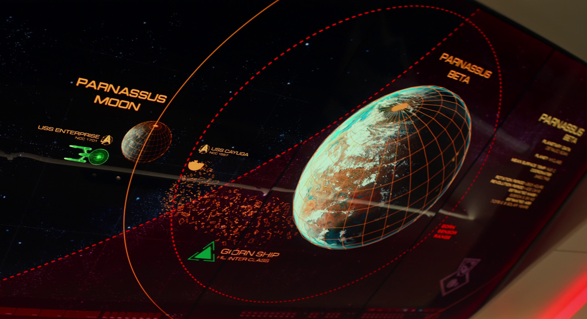 Still frame from Star Trek: Strange New Worlds Season 2 Episode 10 (2023) showing an Okudagram of Parnassus Beta.