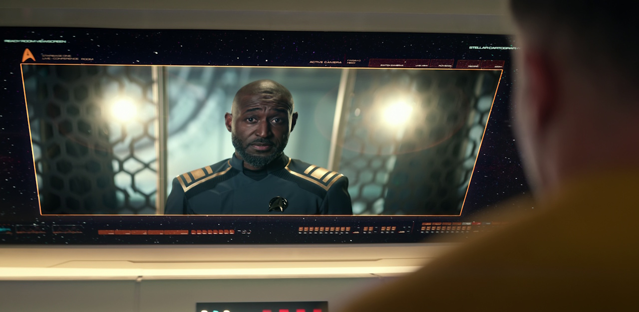 Still frame from Star Trek: Strange New Worlds Season 2 Episode 10 (2023) showing Pike's conversation with Admiral April.