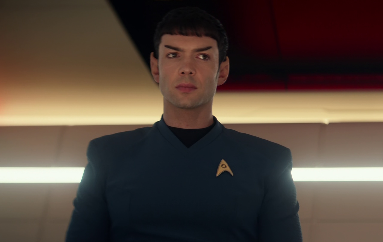 Still frame from Star Trek: Strange New Worlds Season 2 Episode 10 (2023) showing Spock sitting in a chair.