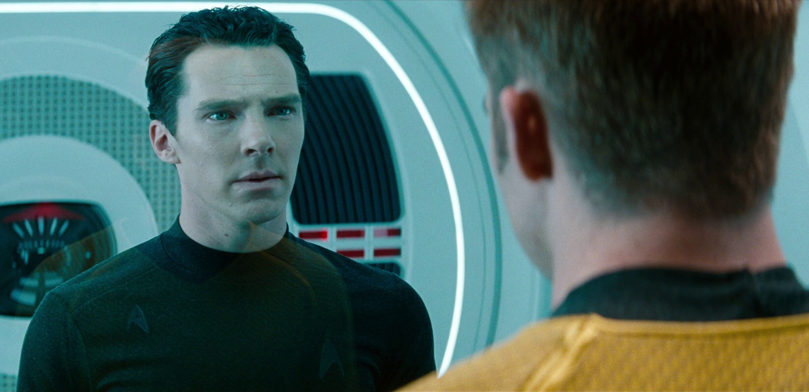 Still frame from Star Trek Into Darkness showing Khan and Kirk.