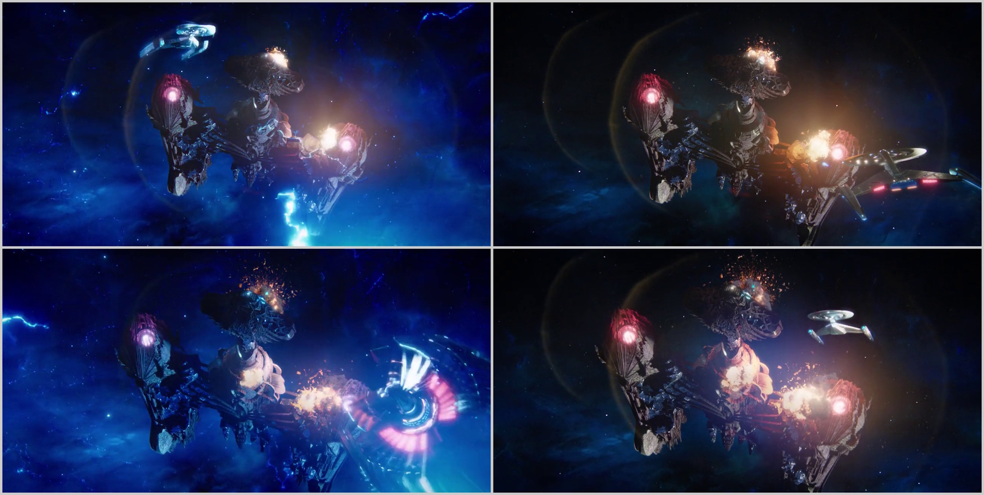 Four still frames from Star Trek: Discovery Season 1 depicting the USS Discovery at the Battle of Pahvo.