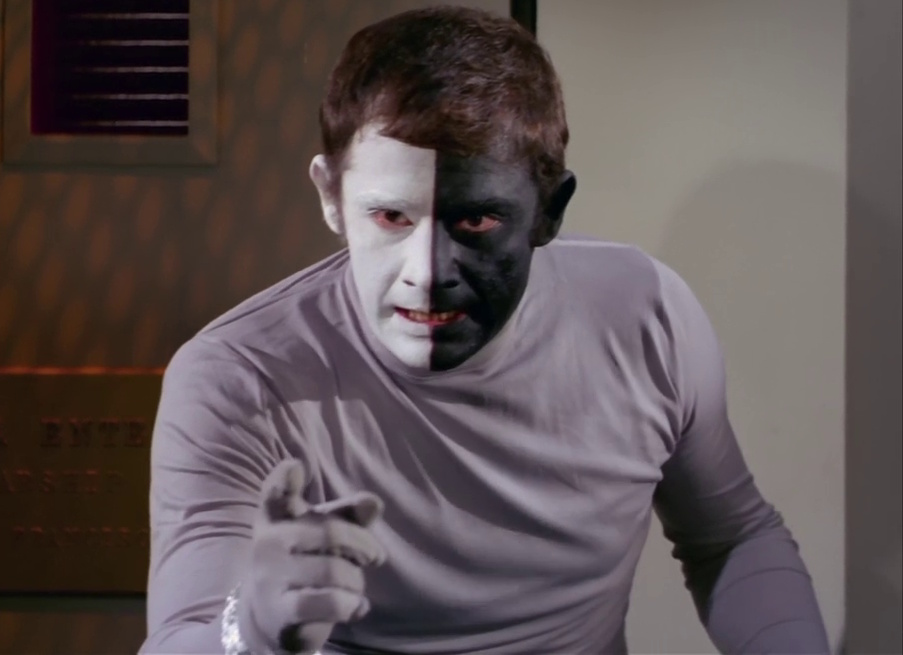 Still frame from Star Trek: The Original Series Season 3 showing Lokai, a black-and-white alien from the planet Cheron.