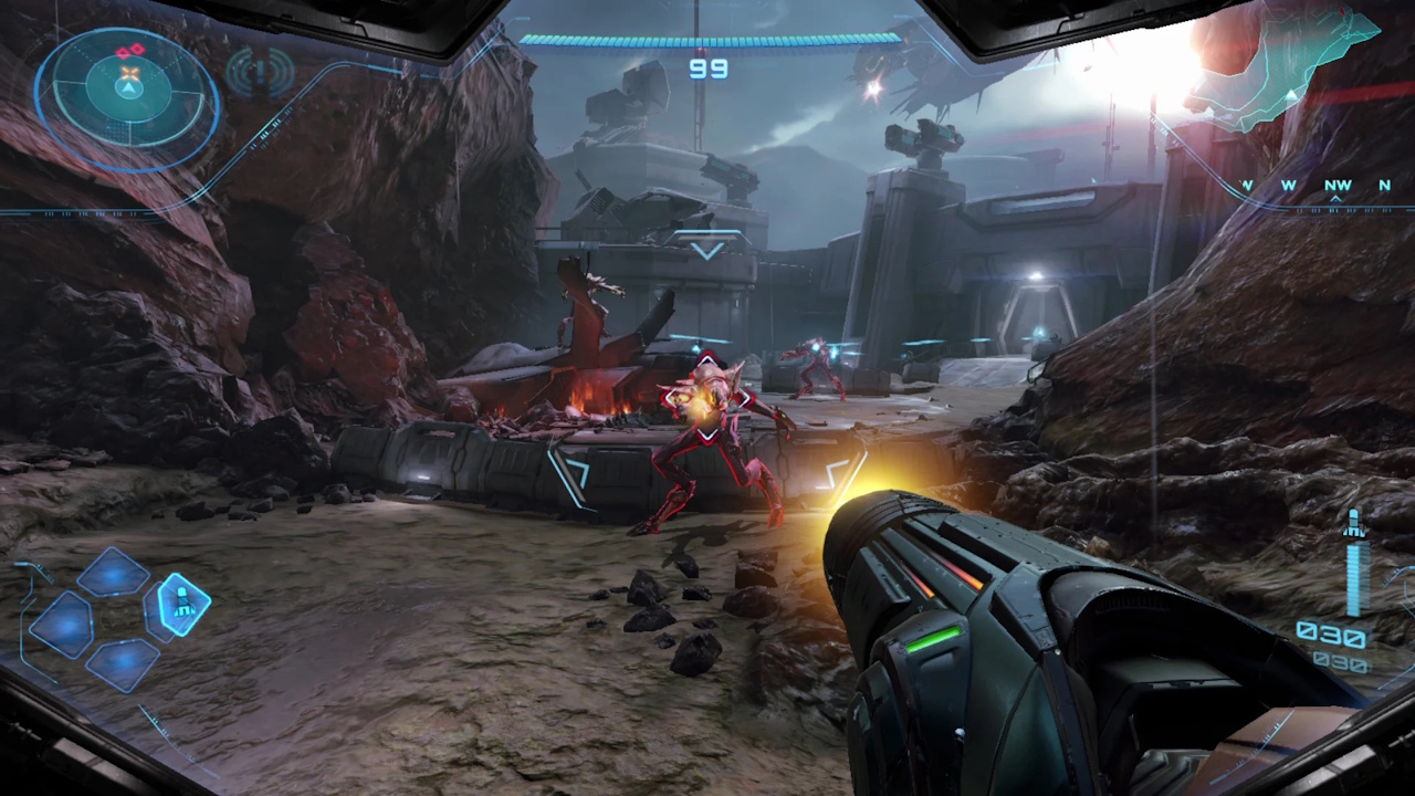 Promo screenshot of Metroid Prime 4 showing the HUD, a weapon, and several enemies.