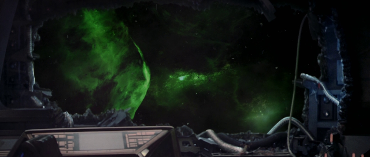 Still frame from Star Trek: Nemesis showing the damage to the Enterprise-E's bridge.