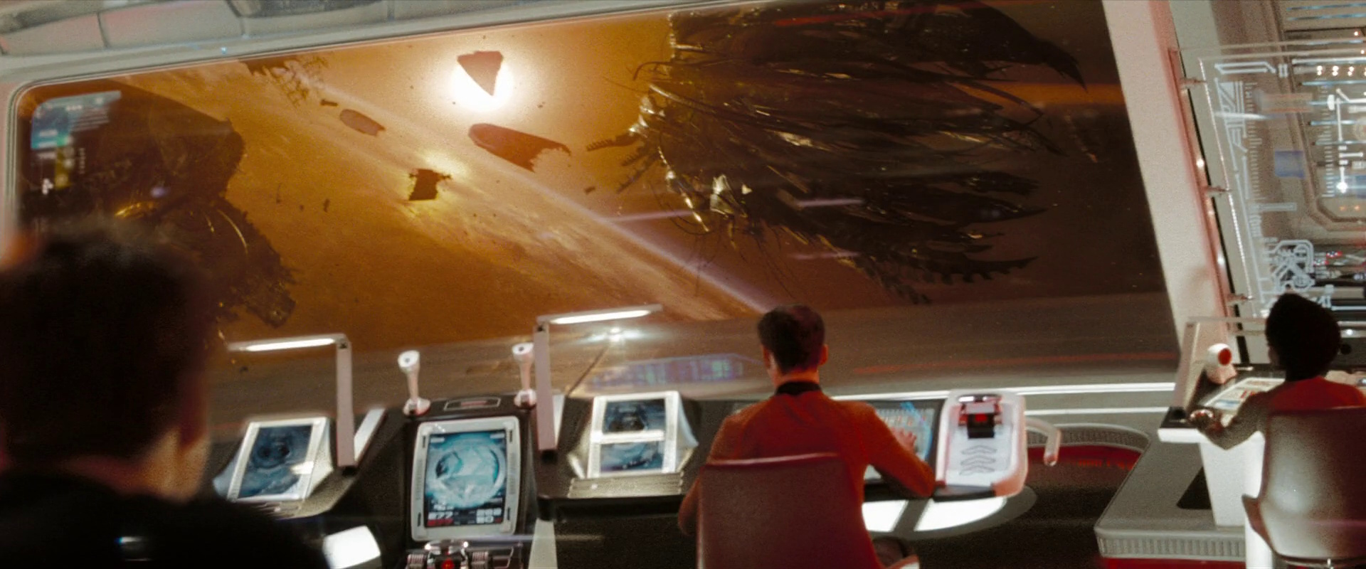 Still frame from Star Trek (2009) showing the Narada on the Enterprise's viewscreen.