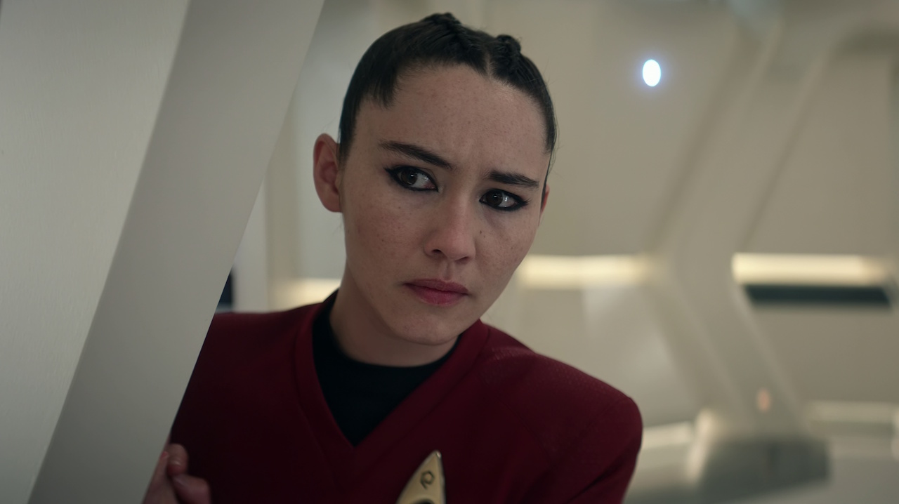 Still frame from Star Trek: Strange New Worlds Season 2 showing La'an.