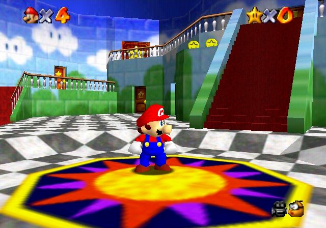 Screenshot of Super Mario 64 showing Mario in the castle lobby.