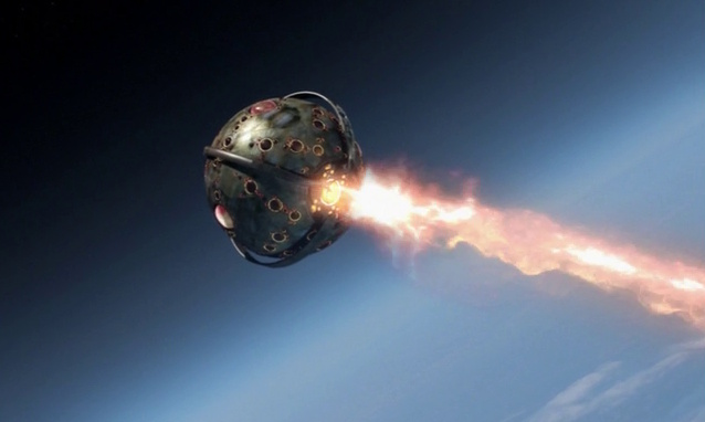Still frame from Star Trek: Enterprise Season 2 showing a small spherical Xindi weapon firing.