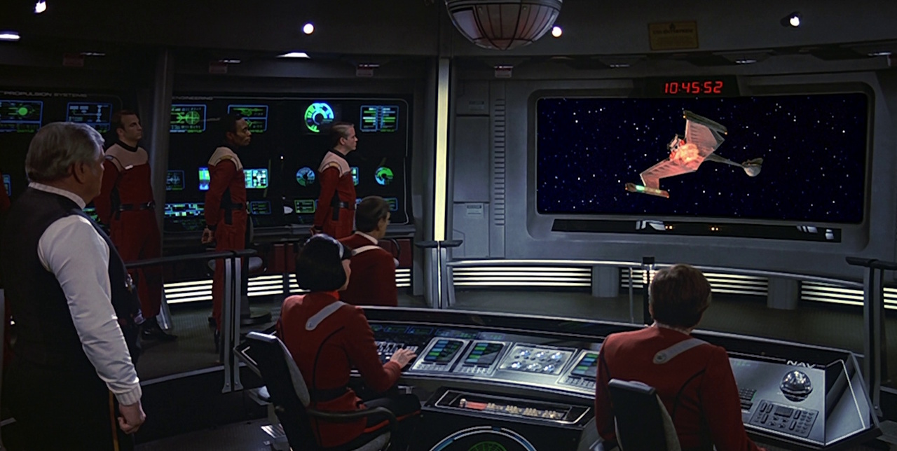 Still frame from Star Trek VI: The Undiscovered Country showing the attack on Kronos One.