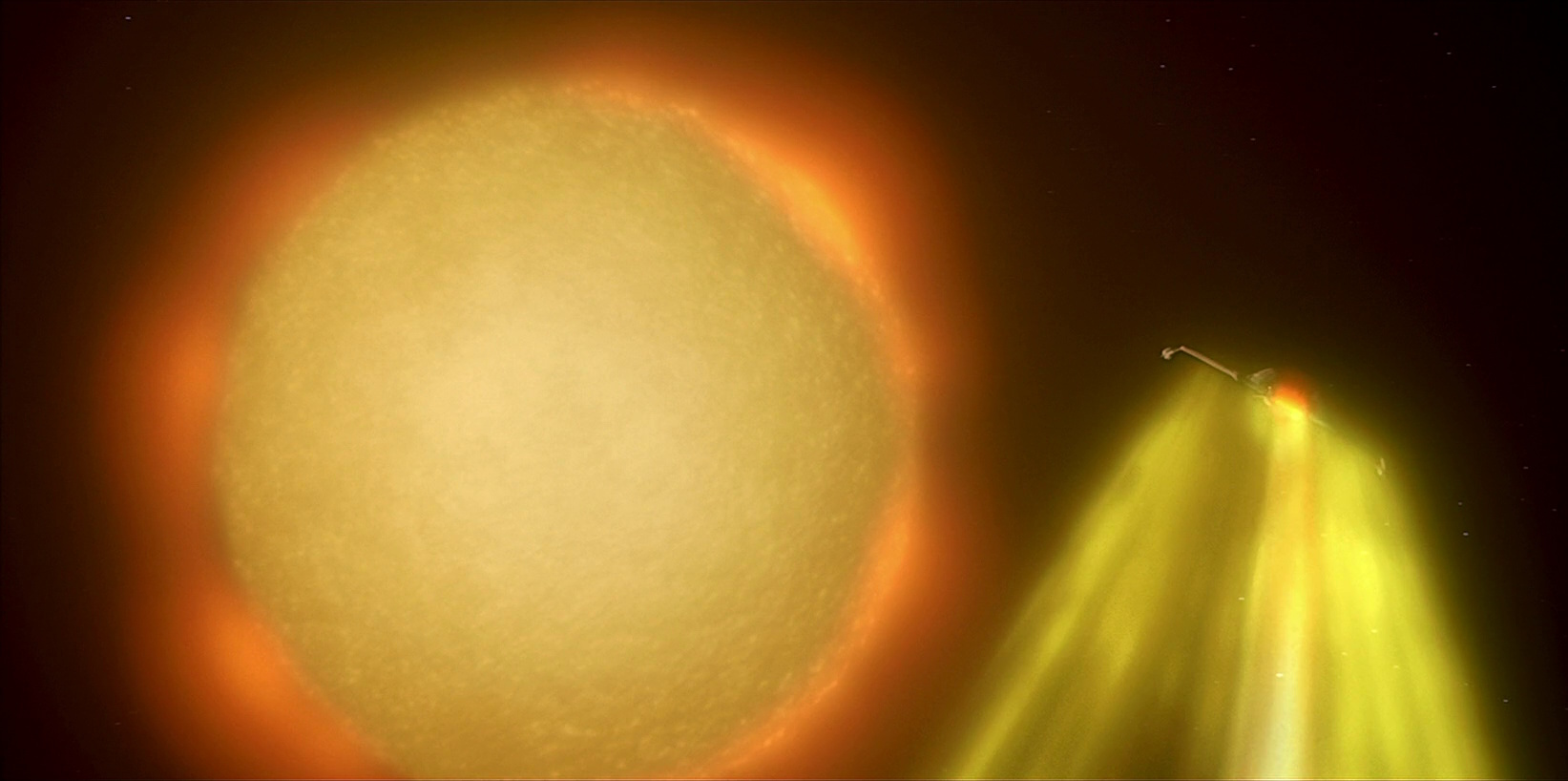 Still frame from Star Trek IV: The Voyage Home showing HMS Bounty approaching the sun.