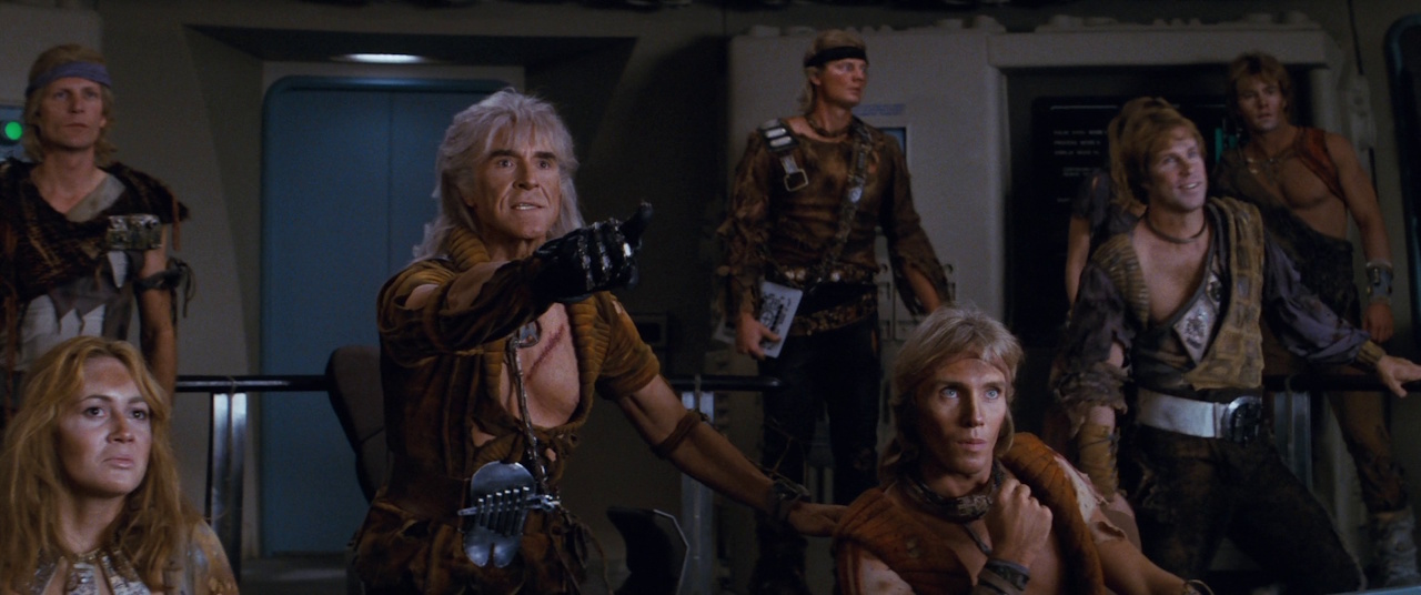 Still frame from Star Trek II: The Wrath of Khan showing Khan and his crew.