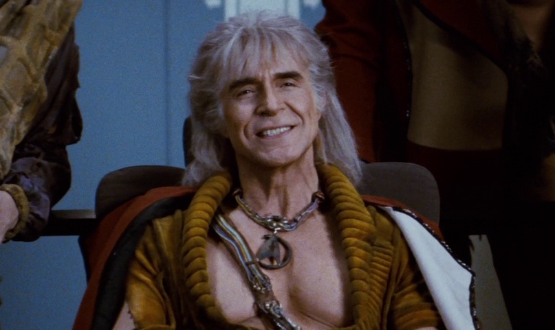 Still frame from Star Trek II: The Wrath of Khan showing a close-up of Khan aboard the USS Reliant.