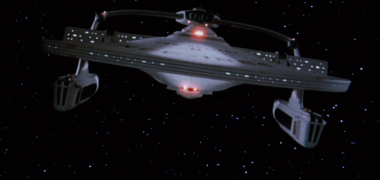 Still frame from Star Trek II: The Wrath of Khan showing the USS Reliant head-on.