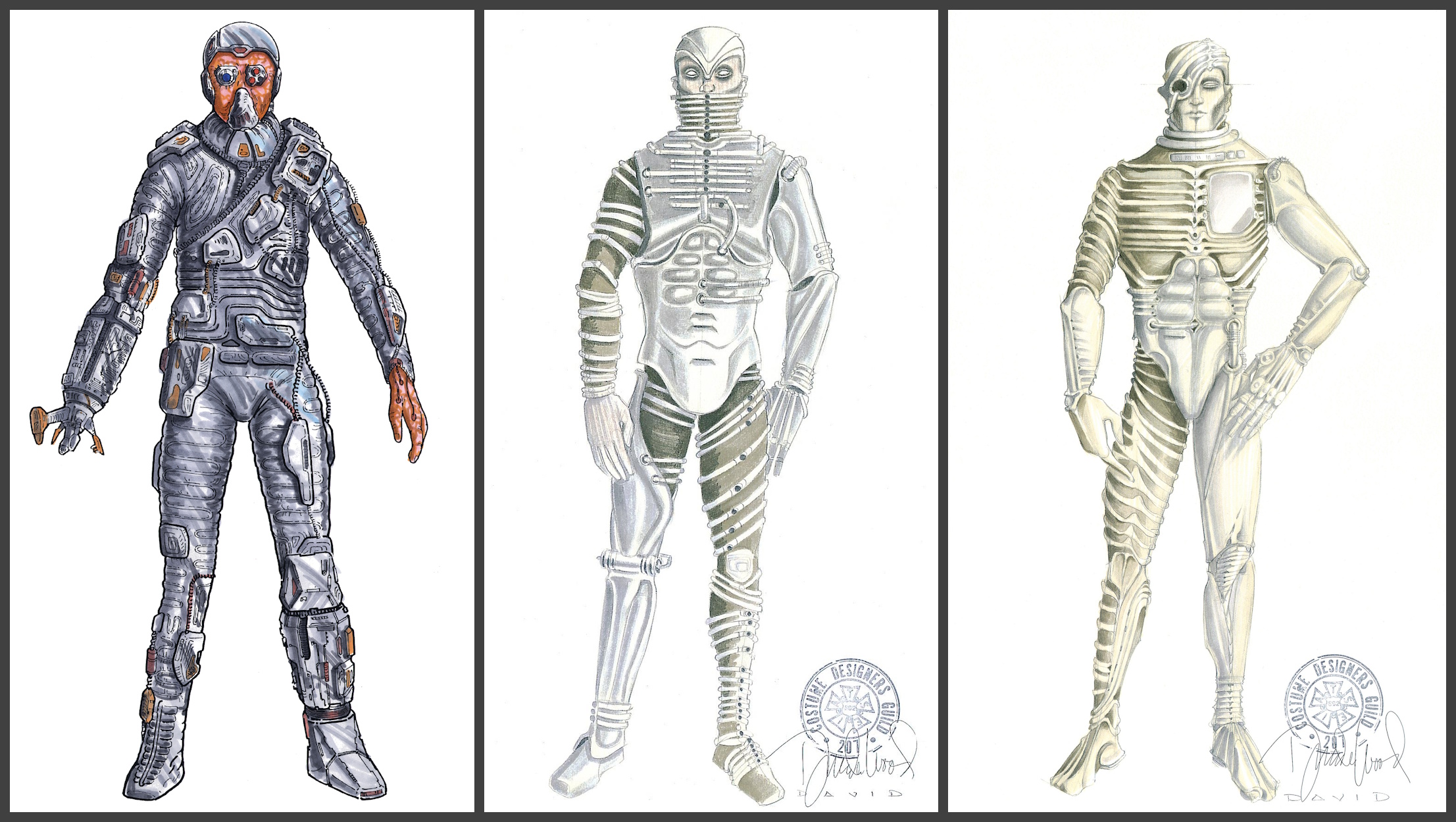 Concept art for Star Trek: The Next Generation showing three Borg designs.
