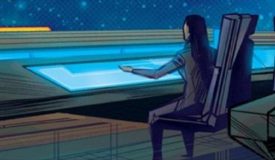 Cropped page from the Star Trek: Discovery comic Adventures in the 3nd Century showing Burnham sitting at a console.