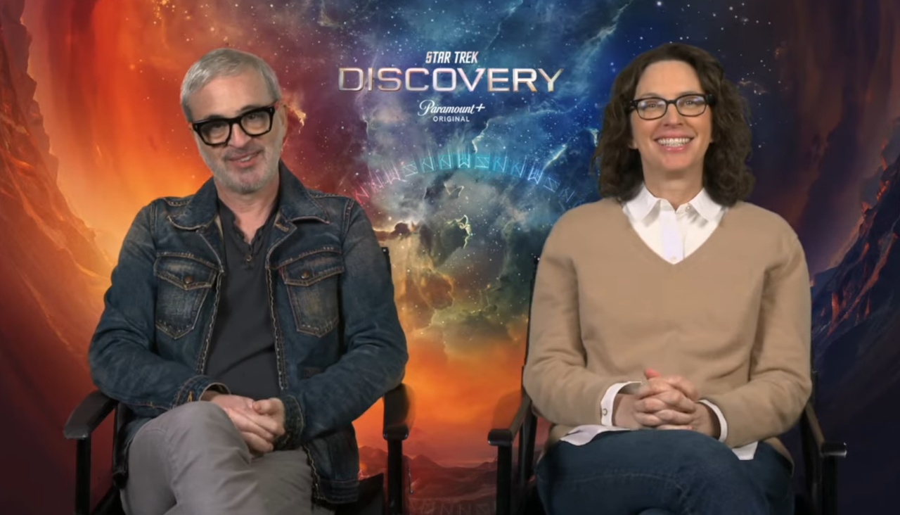 Still frame of Alex Kurtzman and Michelle Paradise at an interview promoting Star Trek: Discovery Season 5.