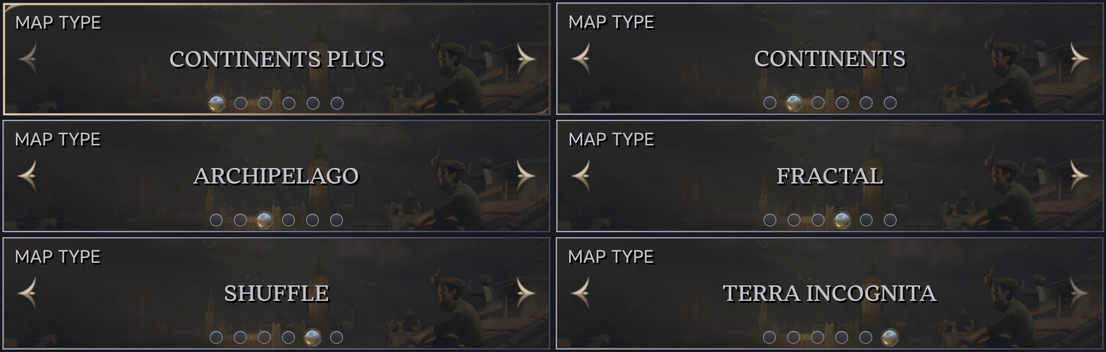 Screenshot of Civilization VII (2025) showing all six map options.