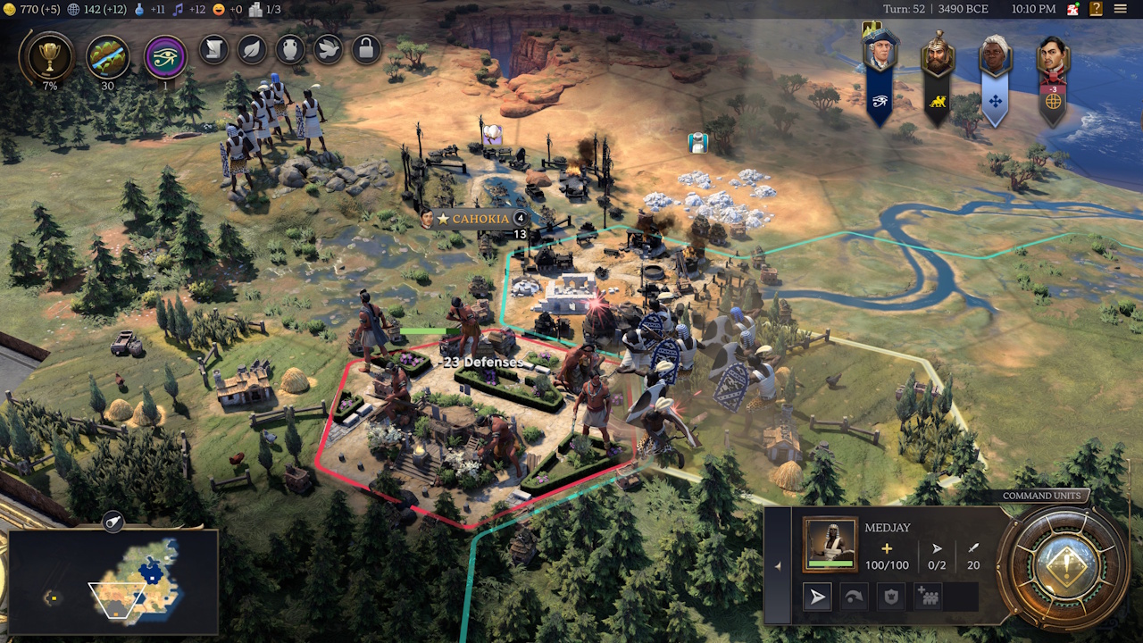 Screenshot of Civilization VII (2025) showing an Egyptian unit attacking a city.