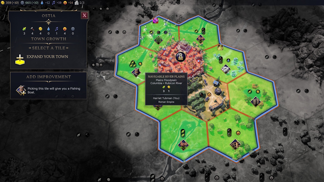 Screenshot of Civilization VII (2025) showing a town being expanded.