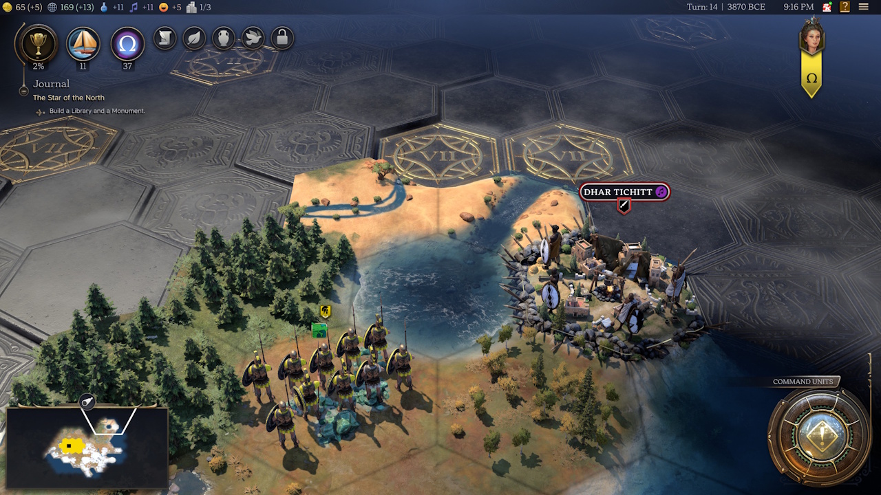 Screenshot of Civilization VII showing troops moving near a hostile AI village.