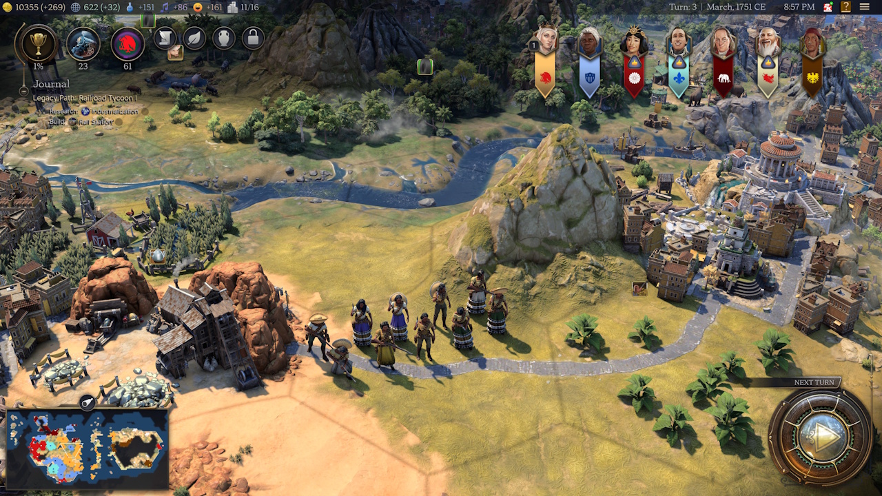 Screenshot of Civilization VII (2025) showing a Soldaderas unit on a road.