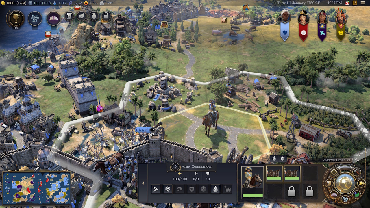 Screenshot of Civilization VII (2025) showing an army commander and a city.