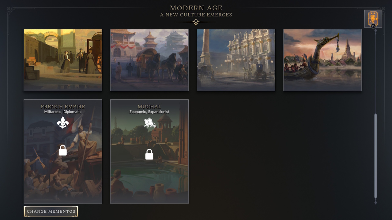 Screenshot of Civilization VII (2025) showing several modern age factions.