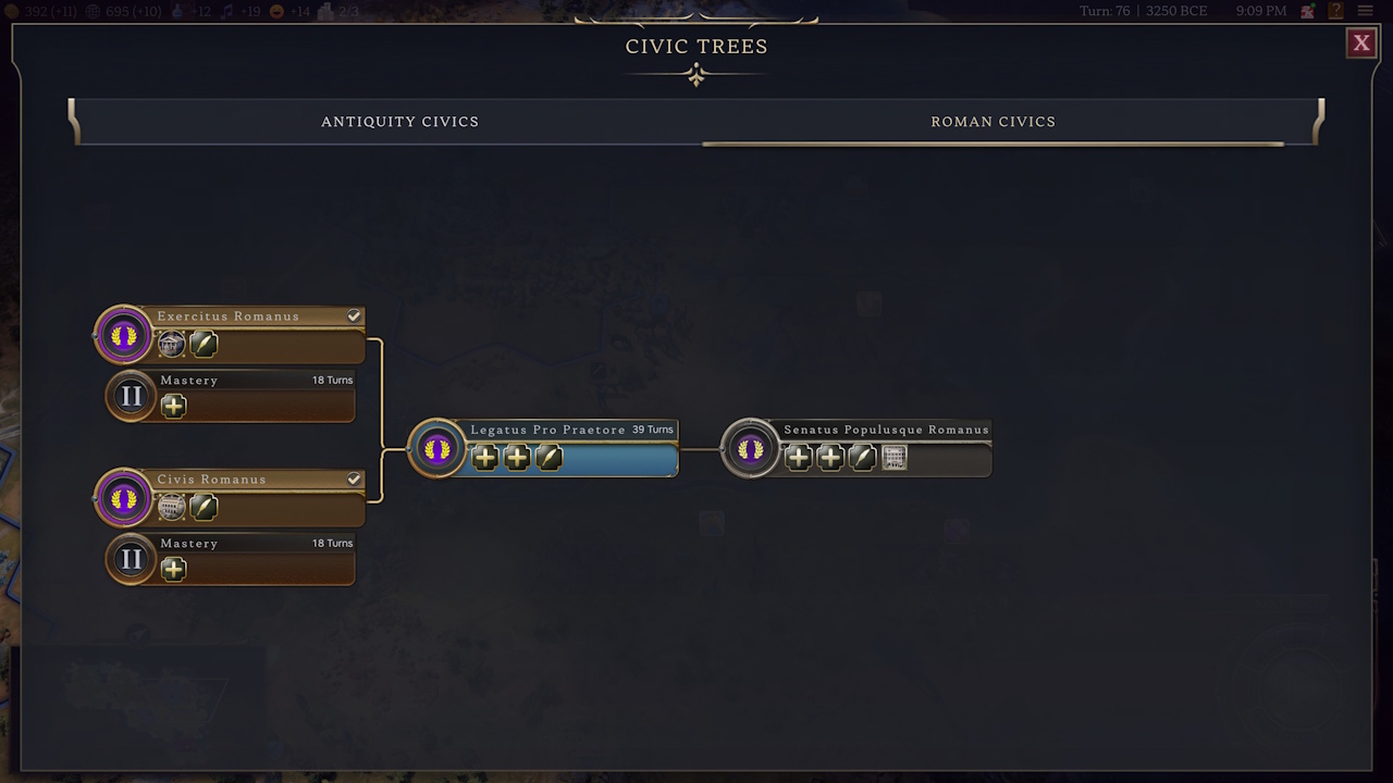 Screenshot of Civilization VII (2025) showing the Roman unique civics tree.