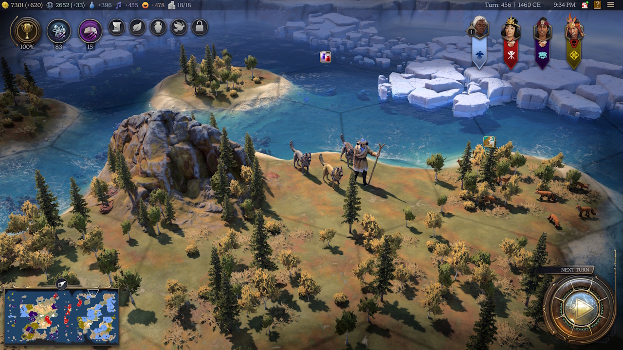 Screenshot of Civilization VII (2025) showing a scout, forests, and ice.