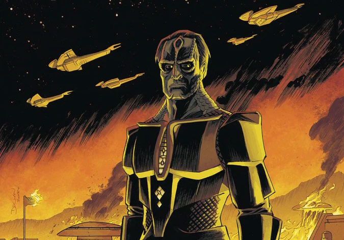 Crop of the cover of the comic Star Trek: Defiant showing a Cardassian with several Cardassian spaceships in the background.