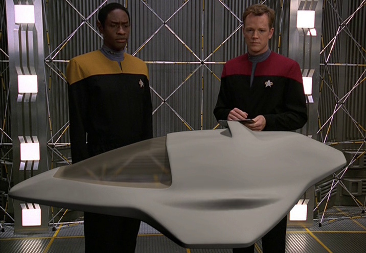 Still frame from Star Trek: Voyager Extreme Risk showing Tuvok Paris and the Delta Flyer