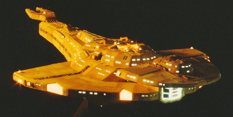A photograph of the original filming model of a Cardassian Galor-class spaceship.