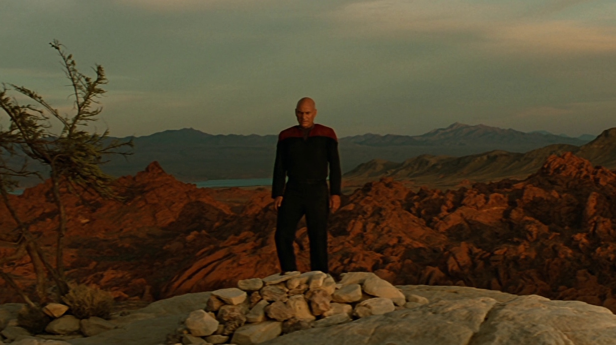 Still frame from Star Trek: Generations showing Picard at Kirk's grave.