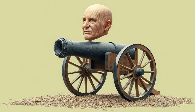 An AI-generated image of a head floating above a cannon.