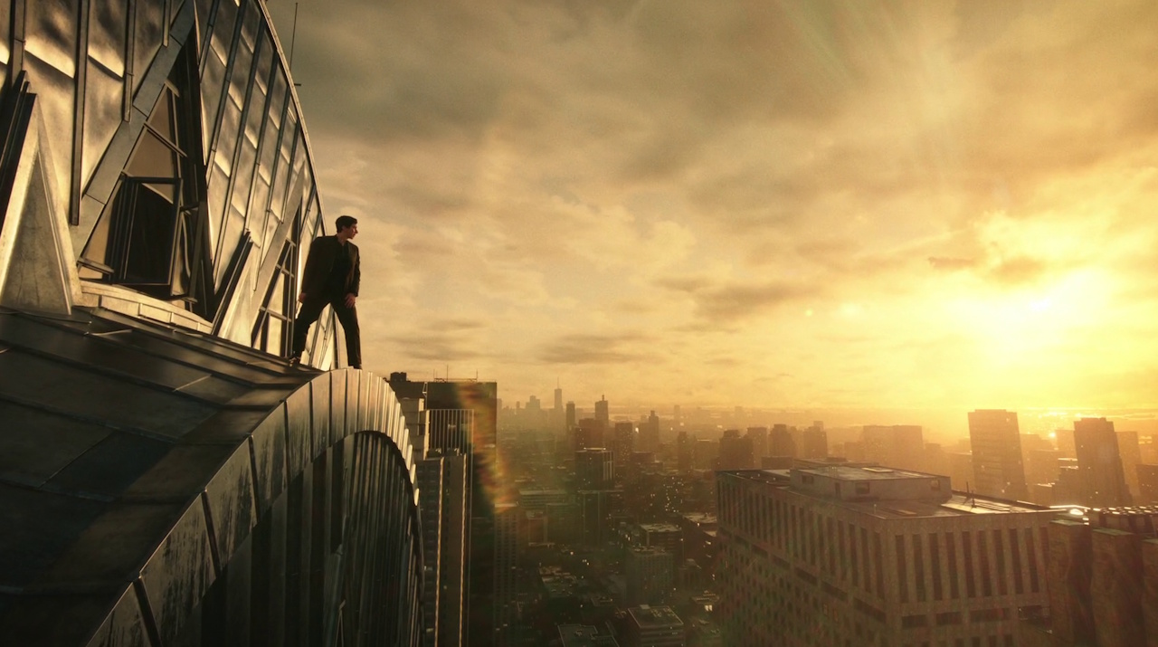 Still frame from Megalopolis (2024) showing Cesar on the roof.