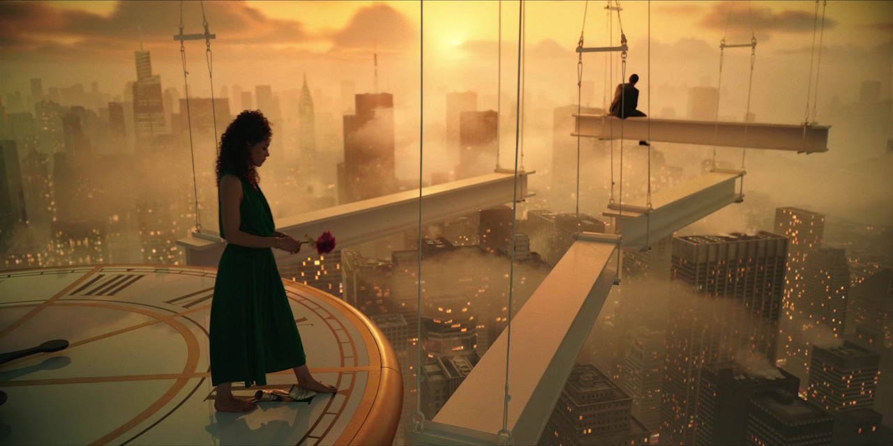 Still frame from Megalopolis (2024) showing Julia on the roof and Cesar sitting on a girder.