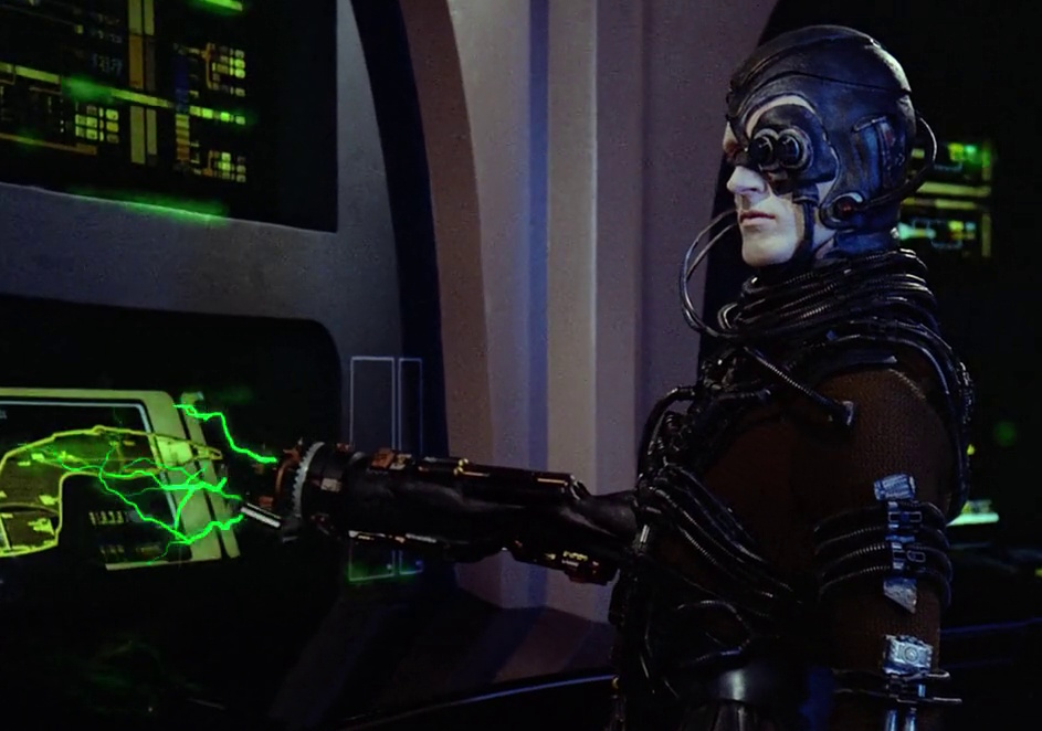 Still frame from Star Trek: The Next Generation (Q Who) showing a Borg drone attacking the Enterprise-D.