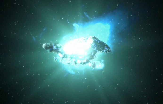Still frame from Star Trek: Voyager showing the USS Voyager exploding.